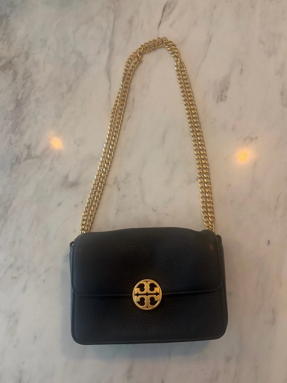 Tory Burch Black Pebbled Leather Shoulder Bag with Gold Chain and Logo